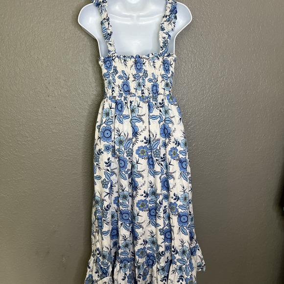 Haute Hippie Ruffle‎ Floral Blue Midi Dress Sz 4 Tiered Peasant Boho Smocked - Picture 5 of 9